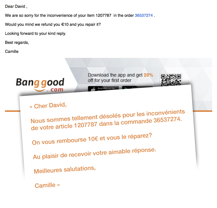 Mail de réponse de Banggood suite à l'article
