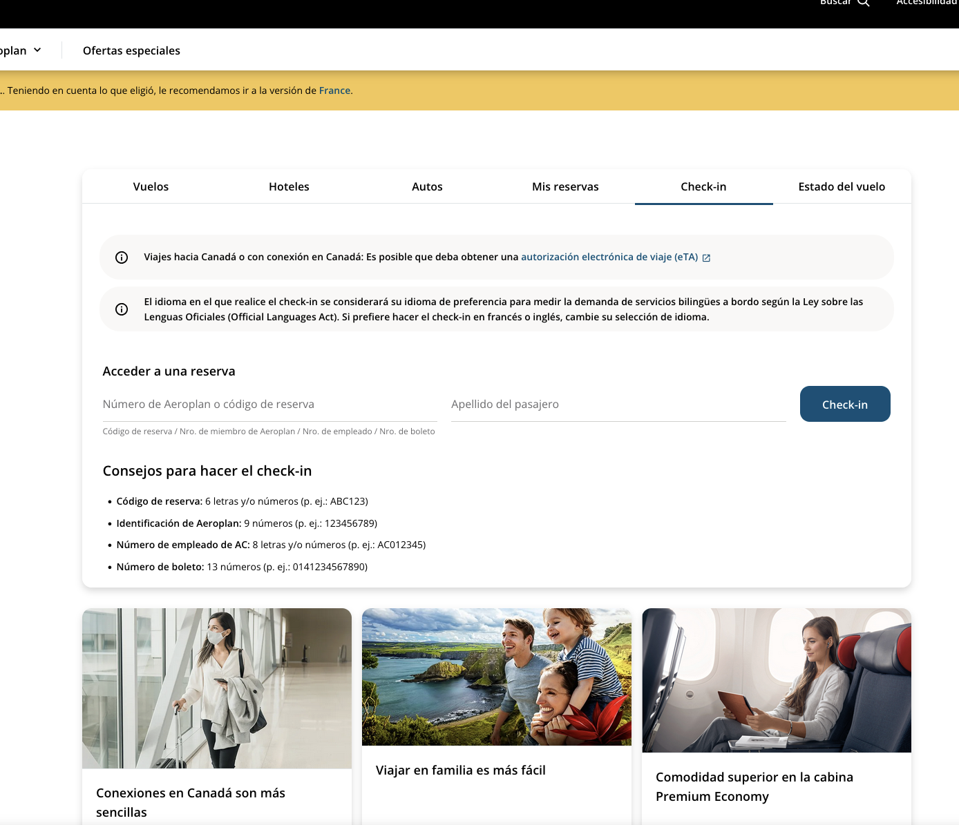 Page d'enregistrement Air Canada en espagnol via Lastminute