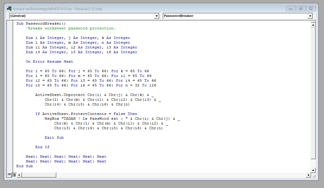 Code VBA collé dans l'éditeur de module