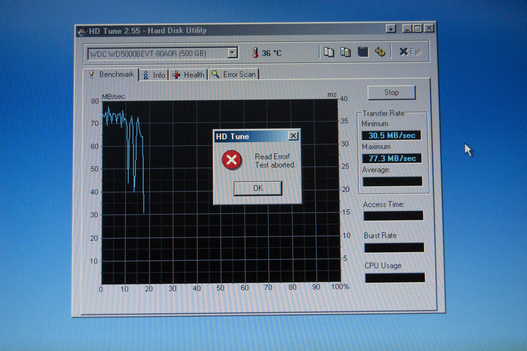 Résultats du diagnostic - secteurs défectueux détectés